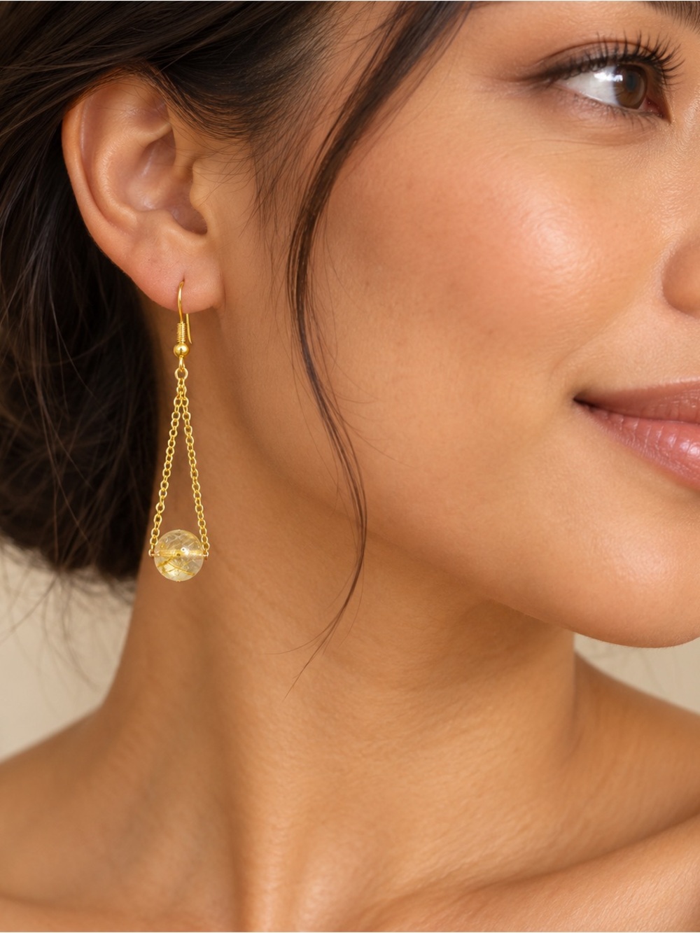 AAA Golden Rutilated Quartz Double Chain Dangle Earrings Handmade ✨